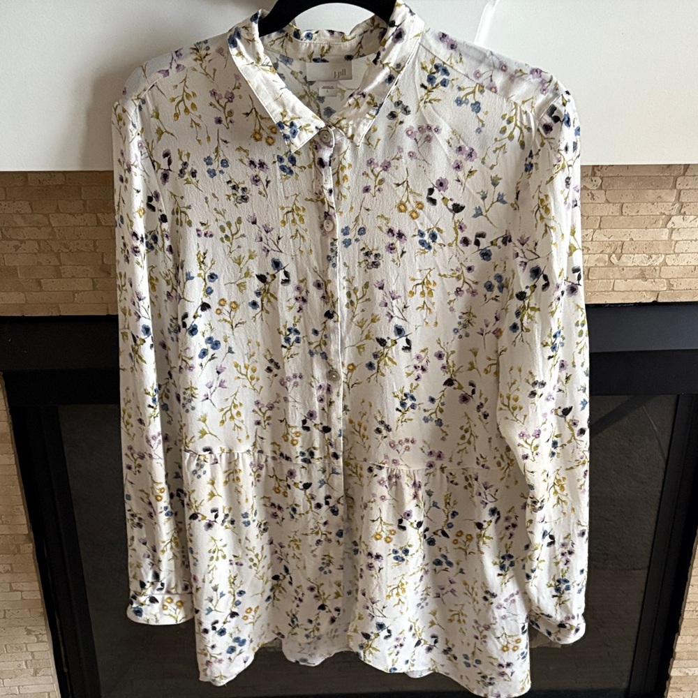 J. Jill White Floral Print Peplum Long Sleeved Tunic Top Womens